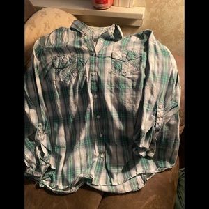 Green and white striped blouse